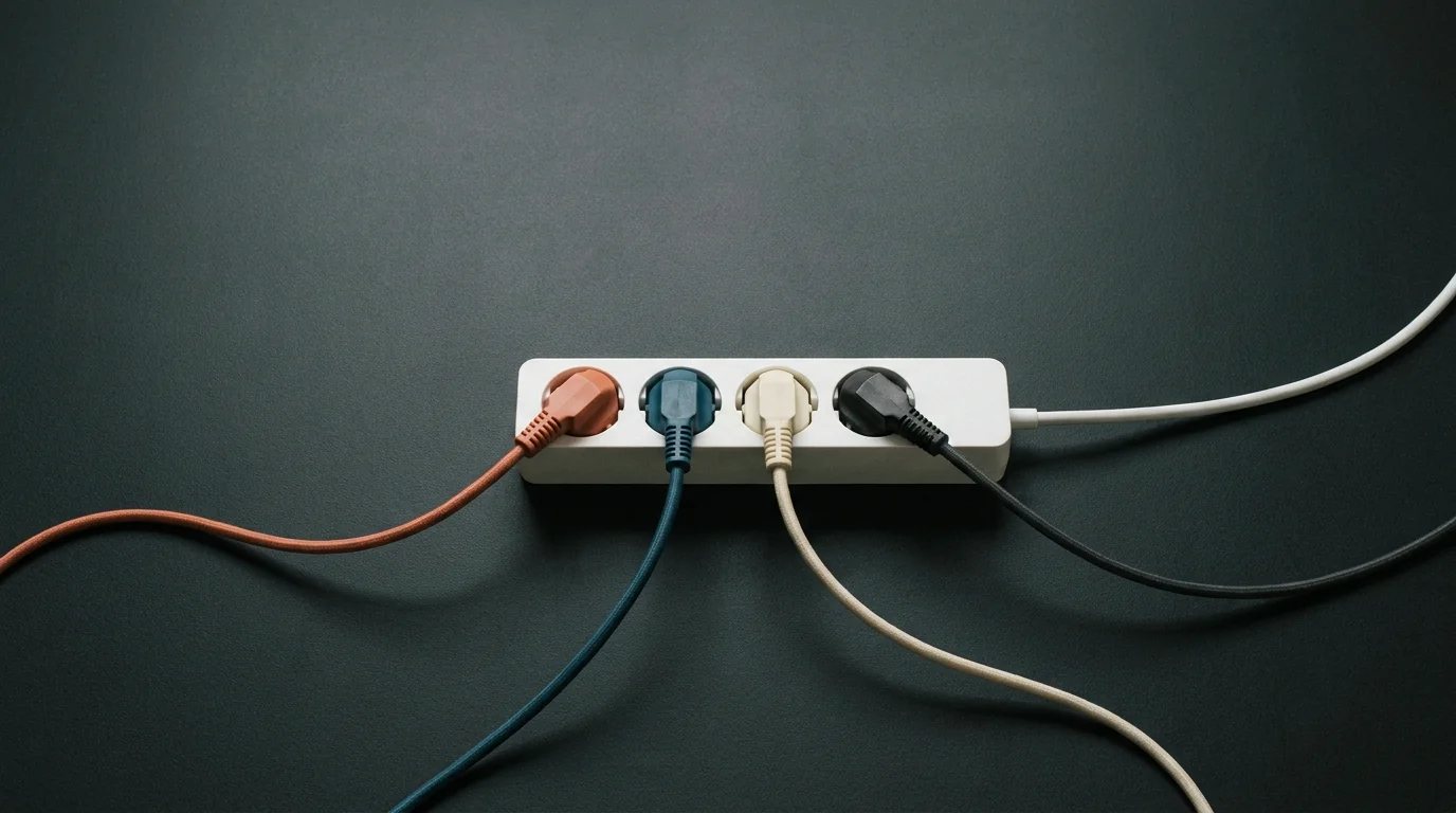 Régua de tomadas branca sobre fundo escuro com quatro plugues ligados, cada um com cabo de uma cor diferente