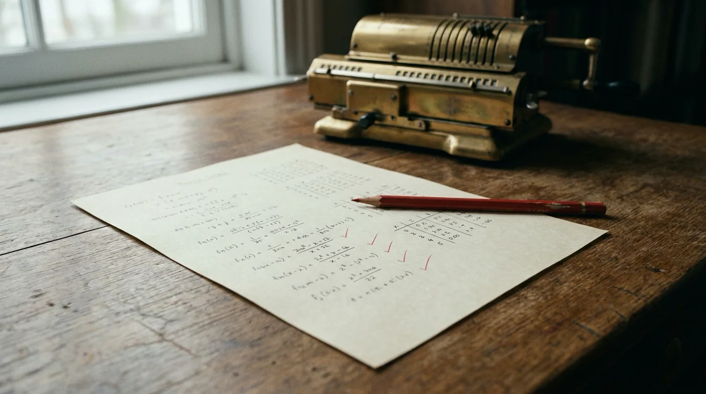Folha de fórmulas escritas à mão sobre uma mesa de madeira, com um lápis vermelho e três marcas de conferência, e uma calculadora mecânica de latão ao fundo perto da janela
