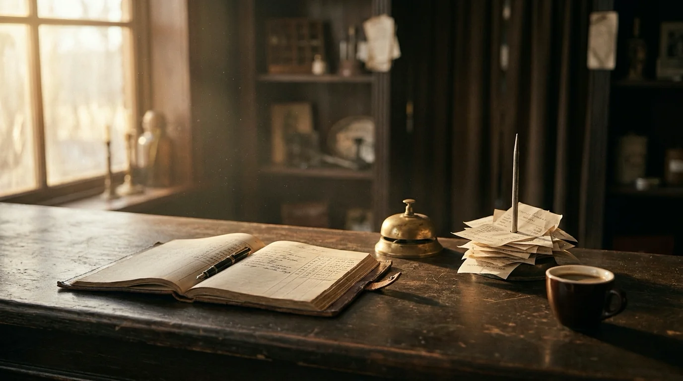 Balcão de madeira escura de uma loja pequena com um livro-caixa aberto e uma caneta, um sino de latão, um espeto de notas cheio de comprovantes e uma xícara de café, com luz dourada entrando pela janela