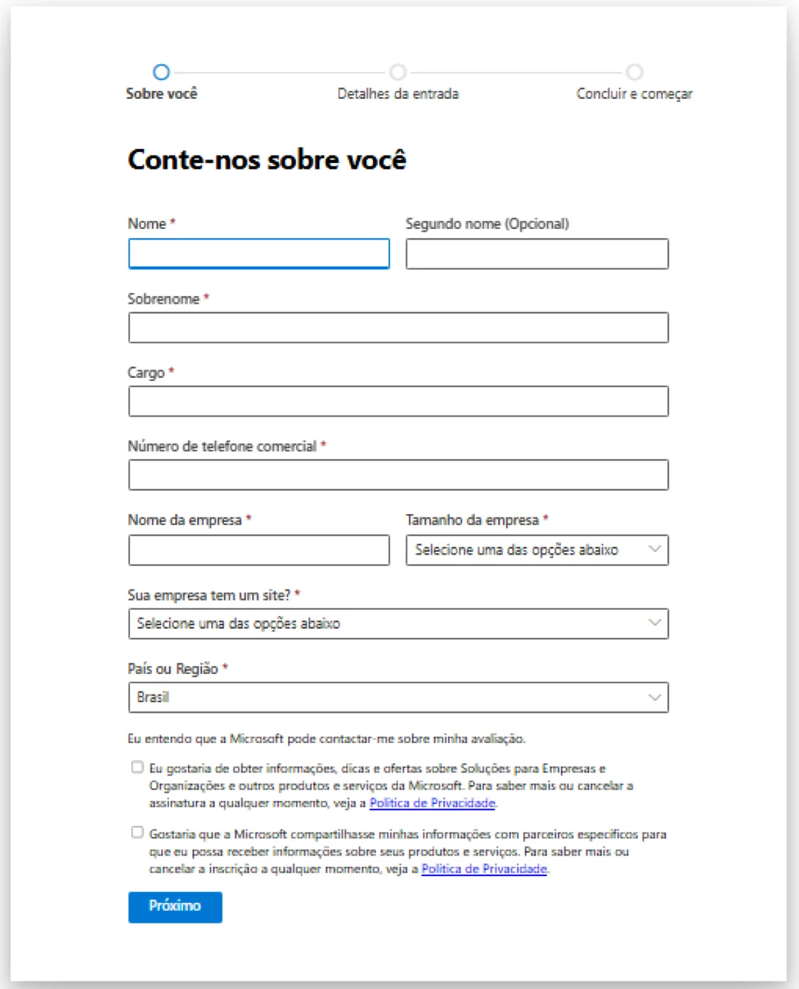 Formulário Conte-nos sobre você com campos de nome, cargo, telefone e dados da empresa no cadastro do Intune