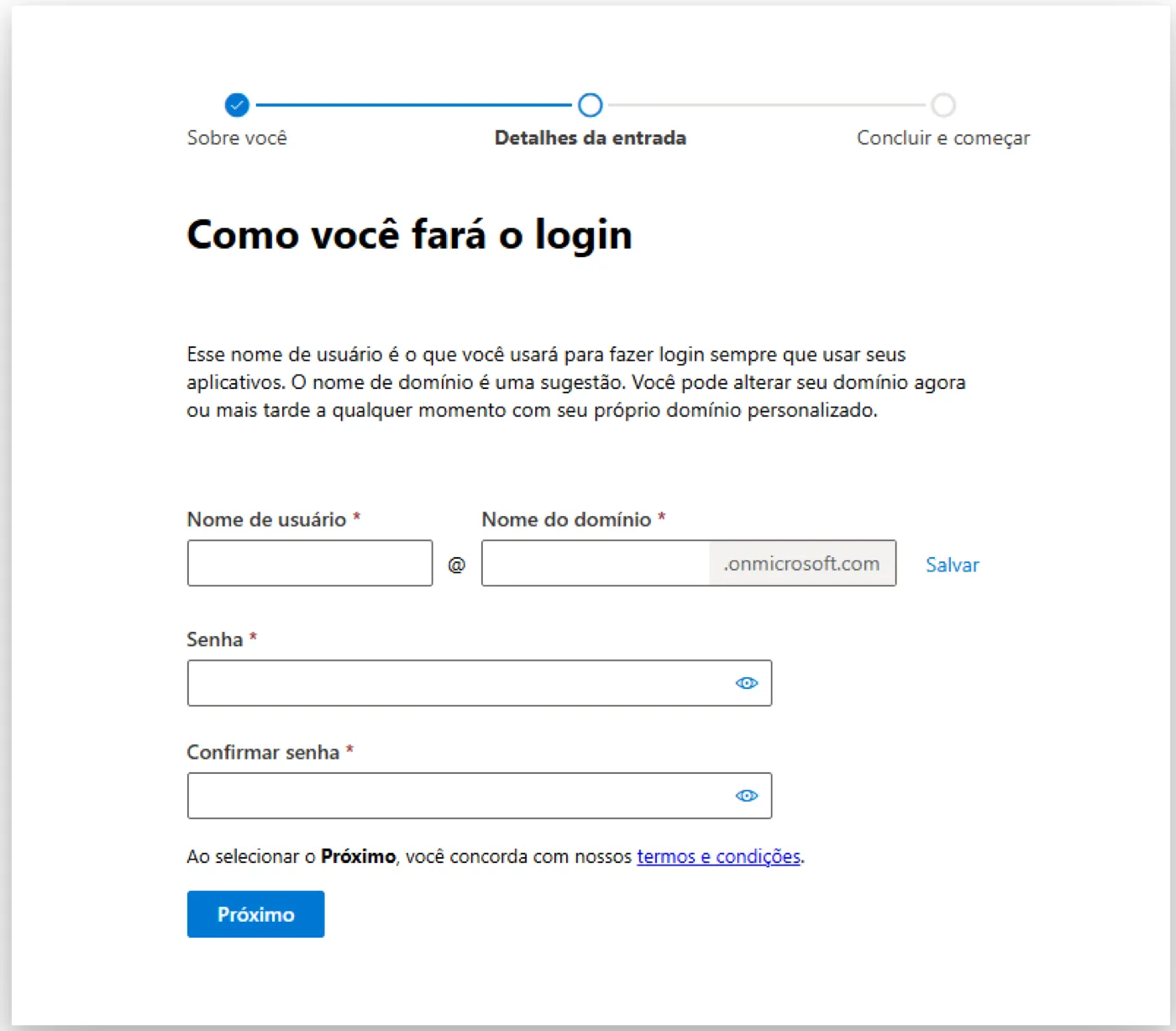 Tela Como você fará o login com nome de usuário, domínio fixo .onmicrosoft.com e campos de senha