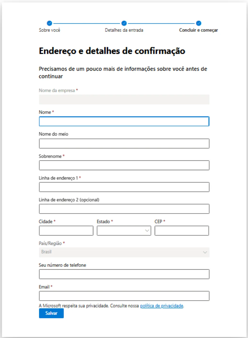 Formulário Endereço e detalhes de confirmação com campos de nome, endereço, cidade, CEP e e-mail