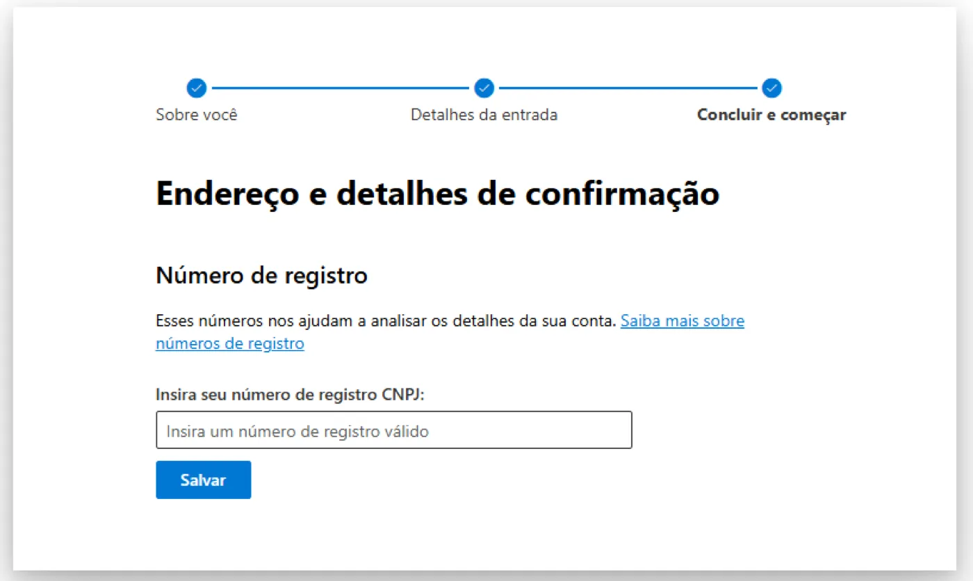 Tela Número de registro do Intune pedindo o CNPJ da empresa, com o botão Salvar