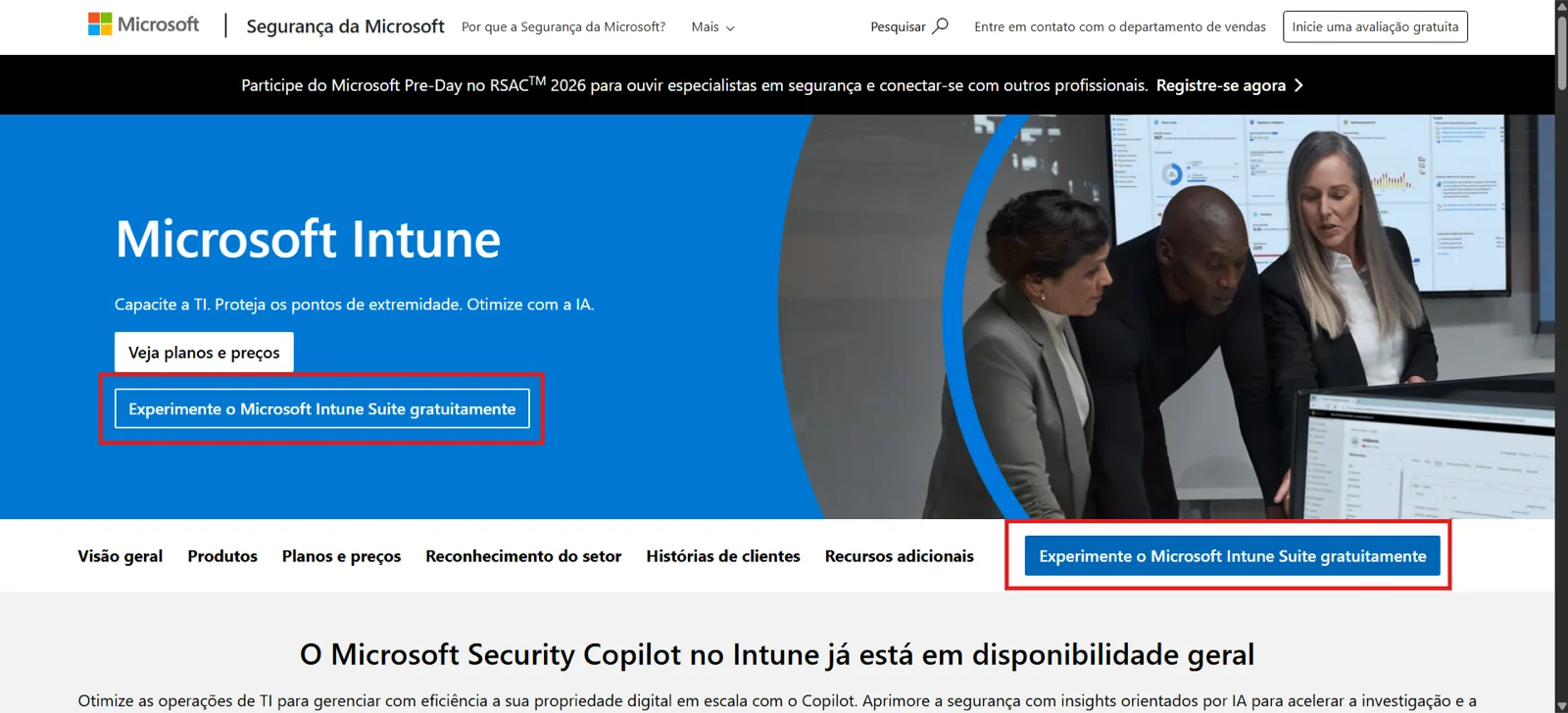 Página do Microsoft Intune com os botões Experimente o Microsoft Intune Suite gratuitamente destacados em vermelho