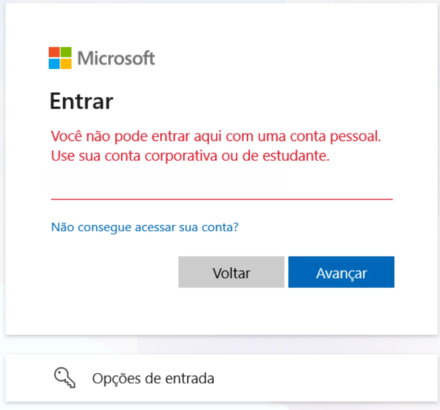 Tela de login da Microsoft avisando que não é possível entrar com conta pessoal, só corporativa ou de estudante
