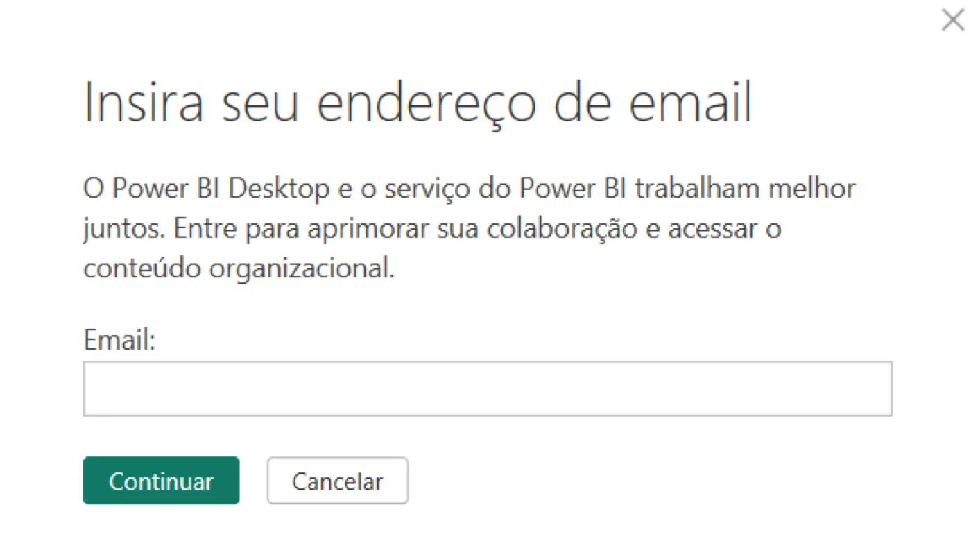 Caixa Insira seu endereço de email do Power BI Desktop pedindo login para acessar o conteúdo organizacional