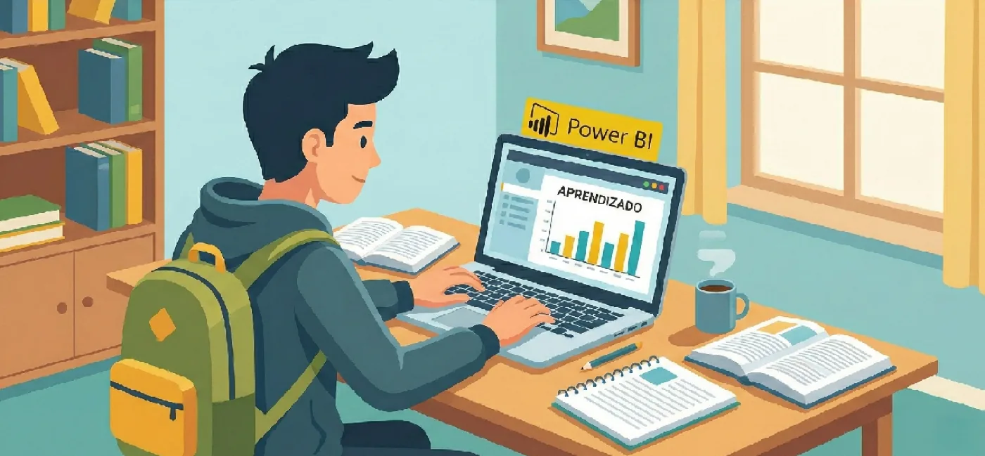 Ilustração de um estudante com mochila praticando Power BI no notebook, com livros e cadernos na mesa