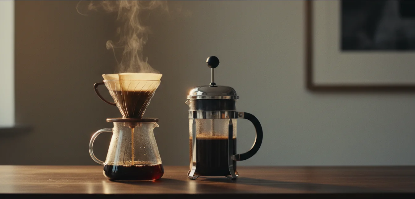 Café coado no filtro de papel ao lado de uma prensa francesa sobre bancada de madeira