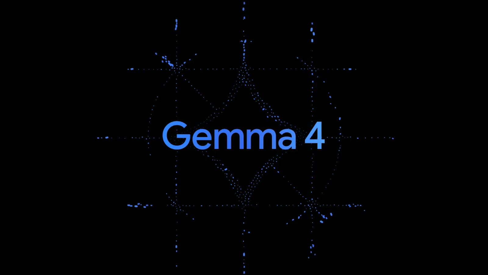 Arte oficial do Google para o lançamento do Gemma 4, com o nome em azul sobre fundo preto e linhas pontilhadas formando uma estrela