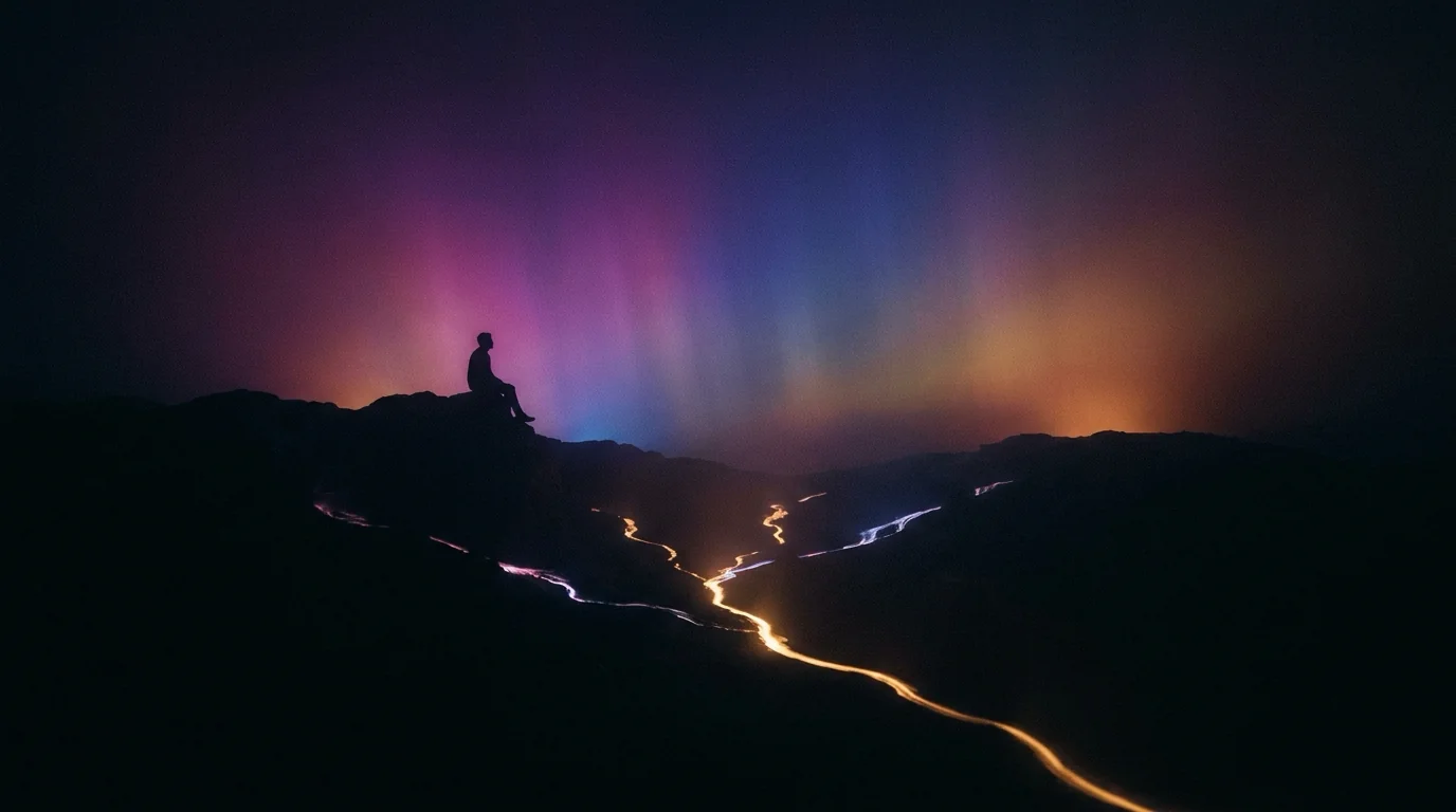 Silhueta sentada numa colina vendo rios de luz se unirem num único fluxo sob uma aurora
