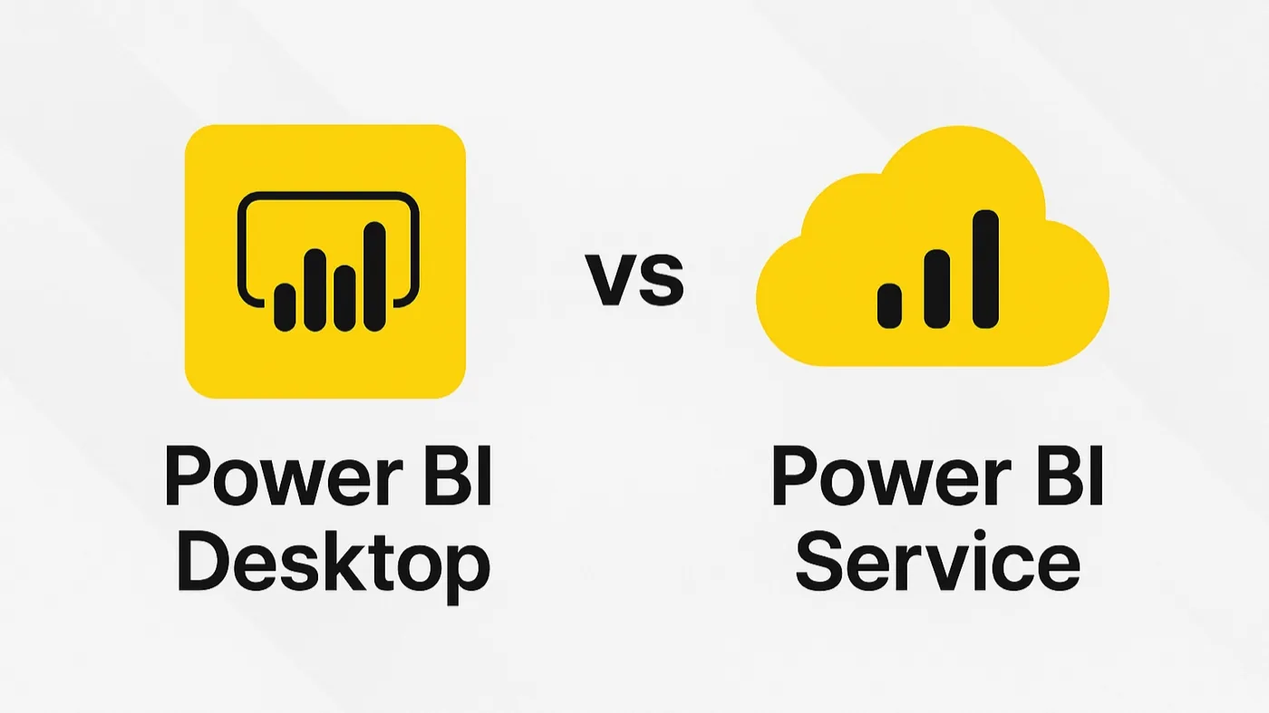 Power BI Desktop, com o ícone do aplicativo, versus Power BI Service, com o ícone de nuvem