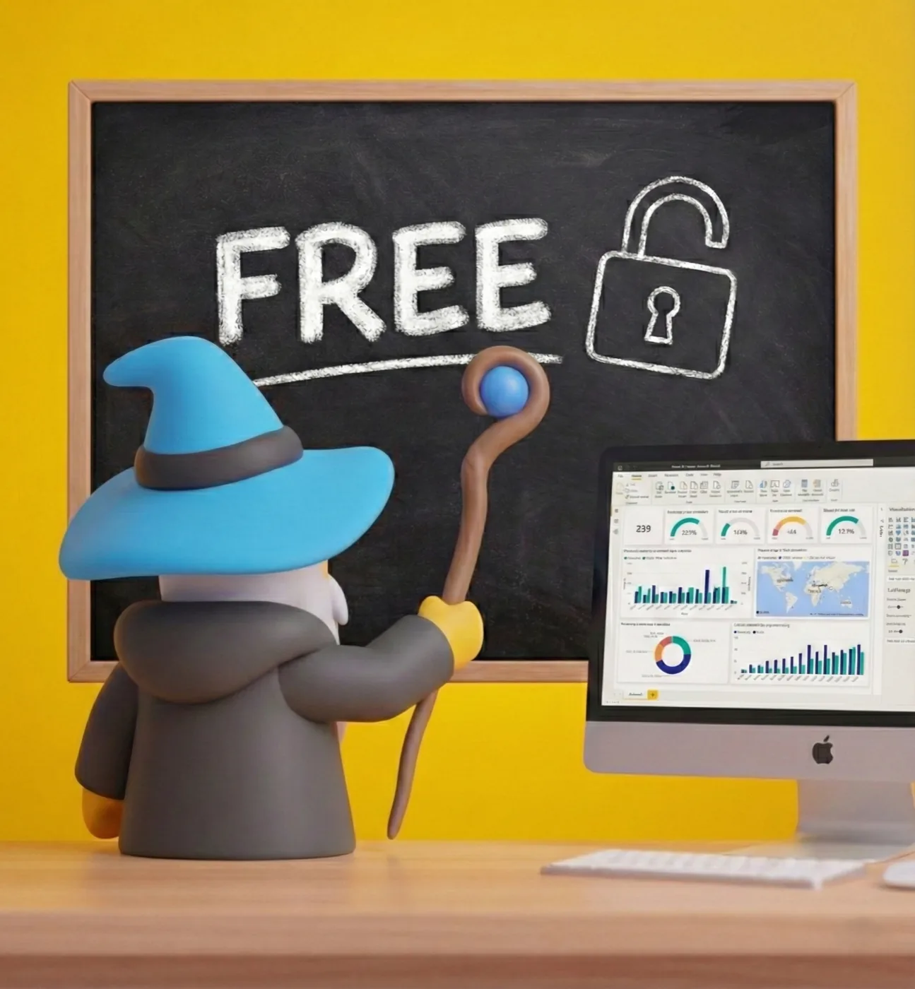 Mago diante de um quadro com a palavra Free e um cadeado aberto, ao lado de um monitor com um dashboard do Power BI