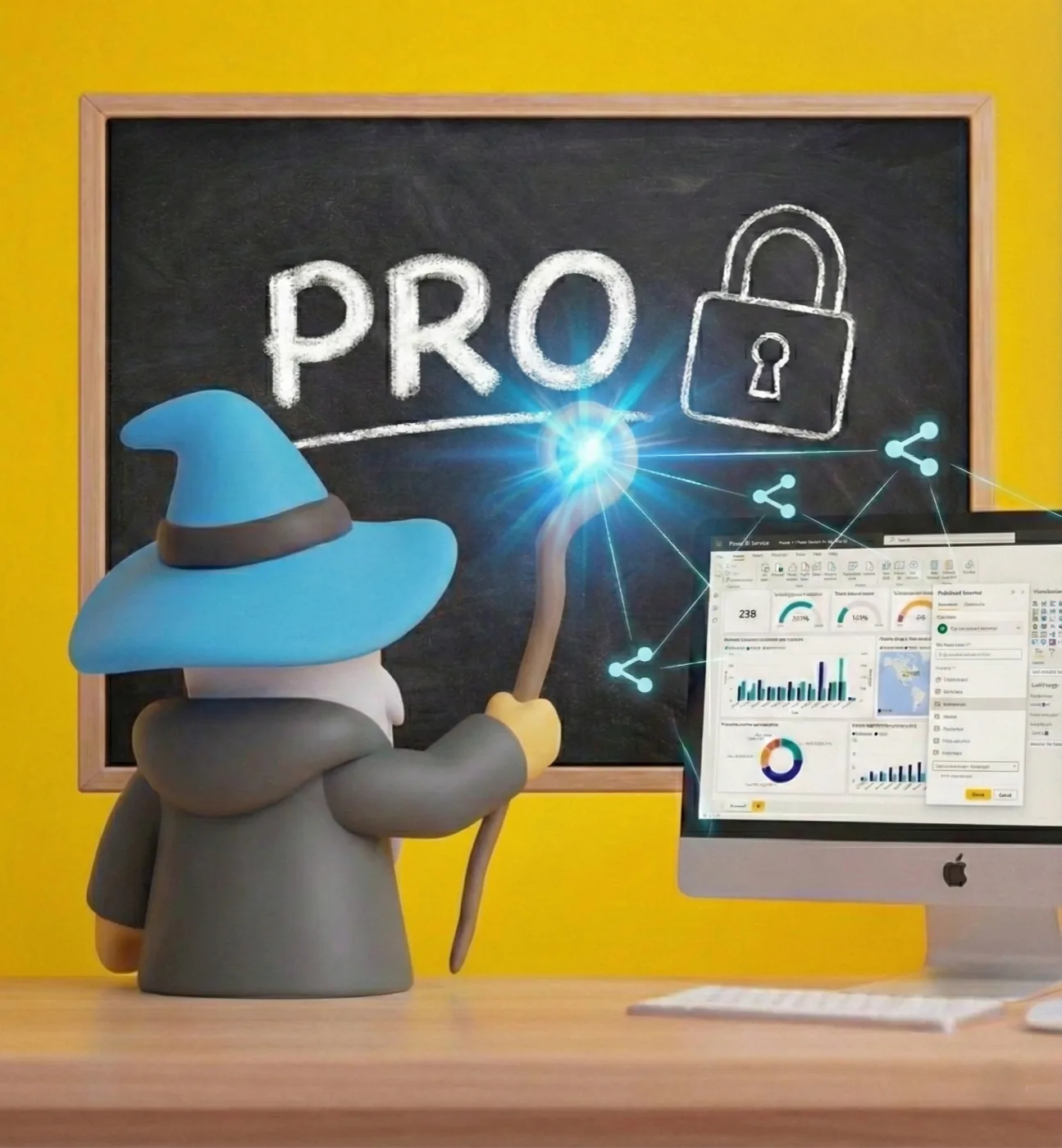 Mago aponta o cajado para um quadro com a palavra Pro e um cadeado, enquanto ícones de compartilhamento saem do monitor