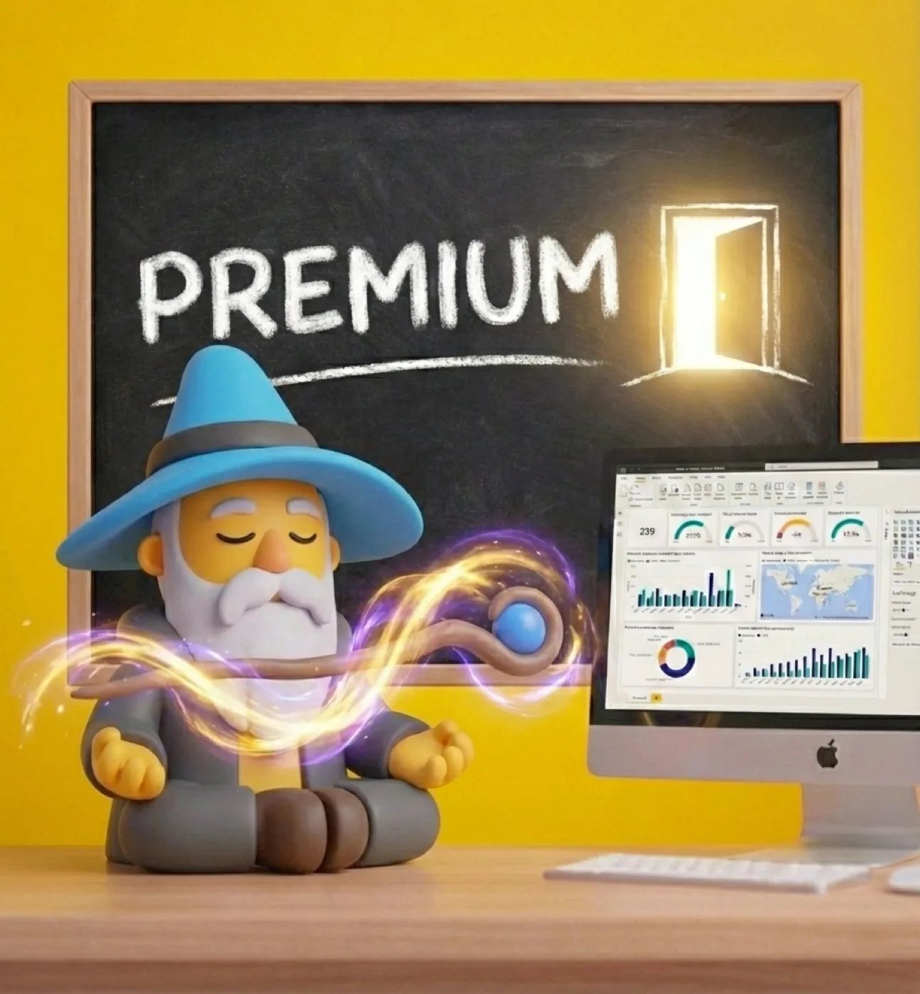 Mago meditando envolto em energia luminosa diante de um quadro com a palavra Premium e uma porta aberta iluminada