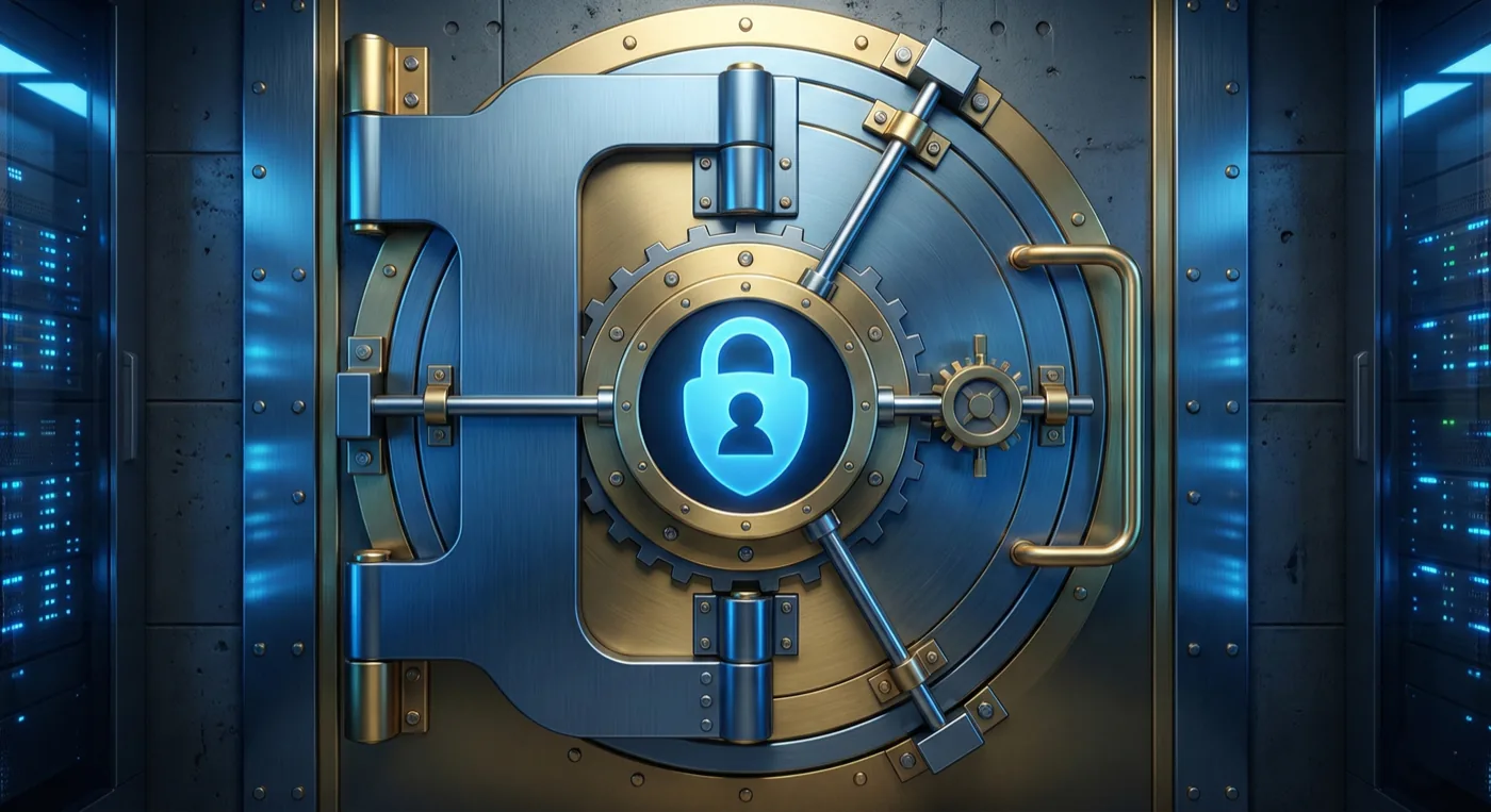 Porta de cofre azul e dourada com o cadeado do Authenticator no centro, entre racks de servidores iluminados