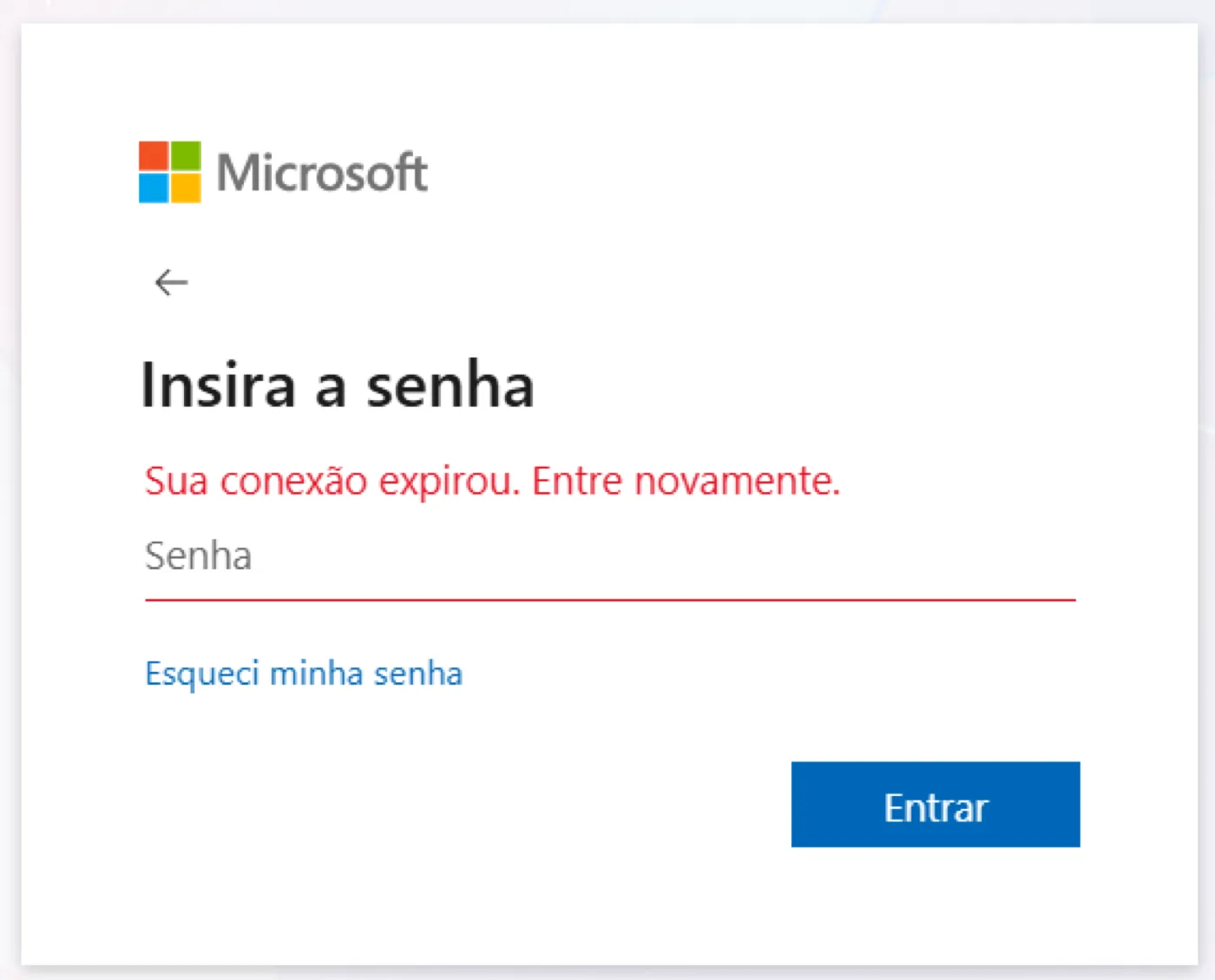 Tela de login da Microsoft pedindo a senha, com o aviso em vermelho de que a conexão expirou e é preciso entrar novamente