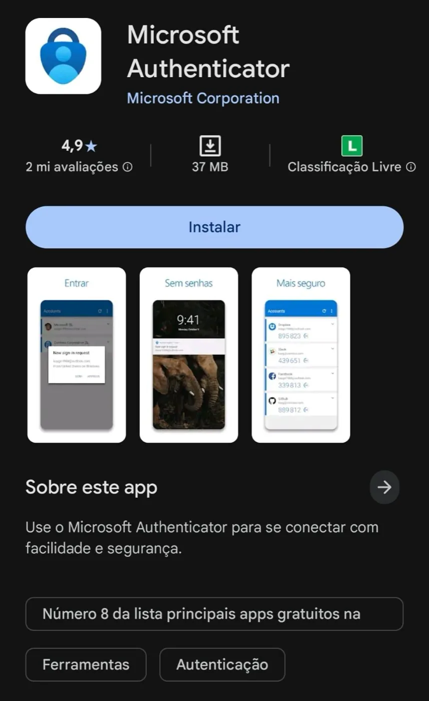 Página do Microsoft Authenticator na Google Play, com nota 4,9 e o botão Instalar, para baixar o app no Android