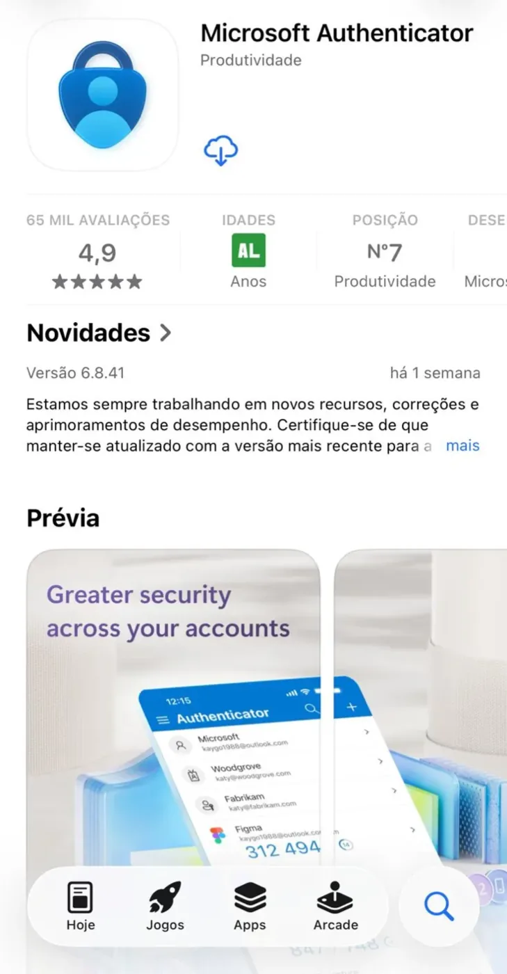 Página do Microsoft Authenticator na App Store, com nota 4,9 e o ícone de download, para baixar o app no iPhone