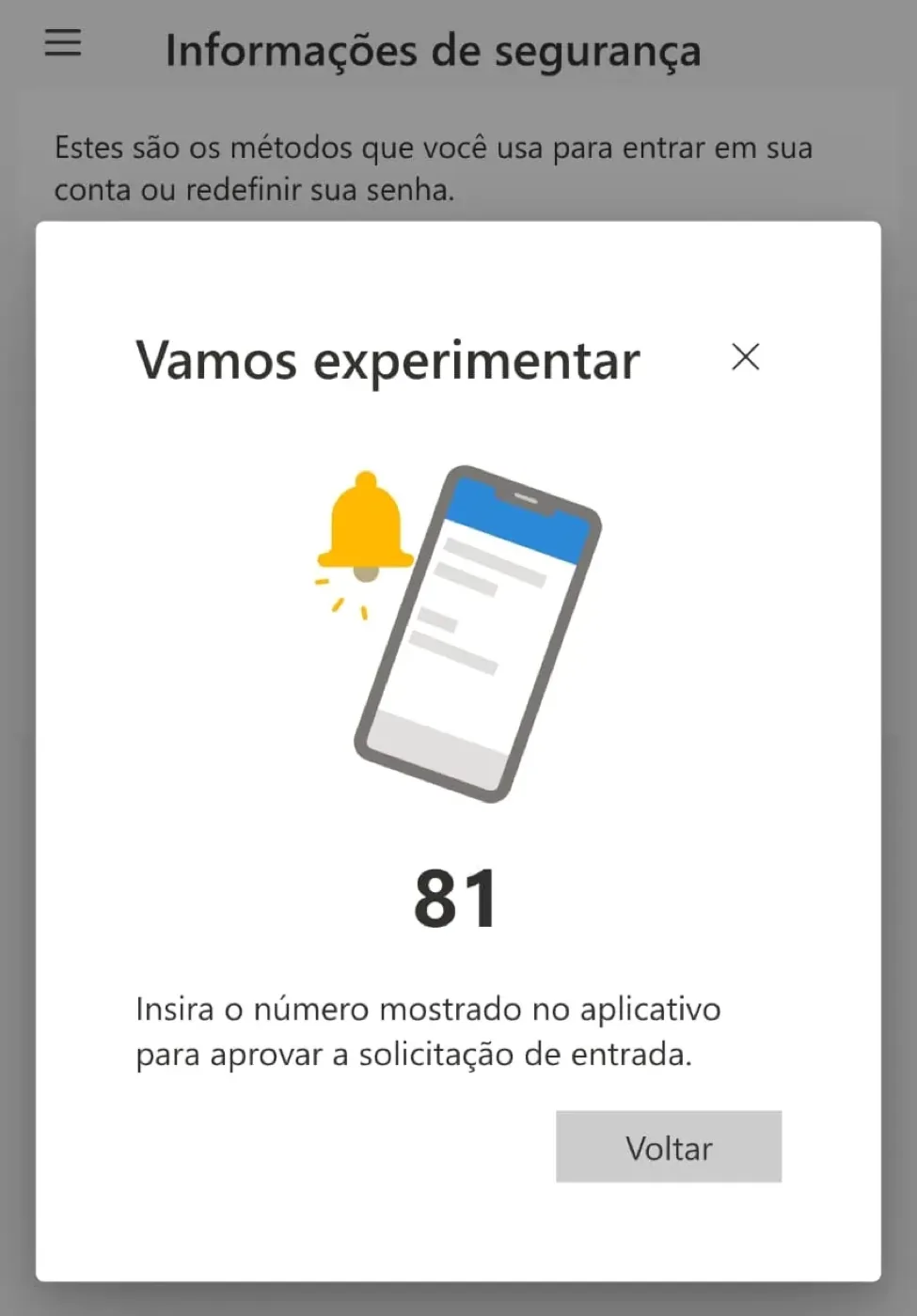 Janela Vamos experimentar mostrando o número 81 que deve ser digitado no app do celular para aprovar a entrada