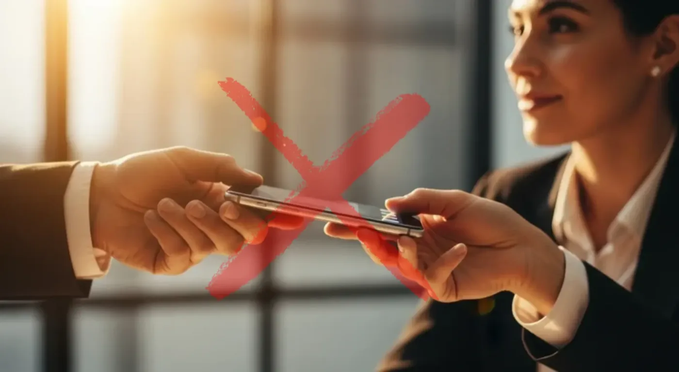 Pessoa entregando um celular a outra com um X vermelho por cima, indicando que o aparelho não deve ser compartilhado