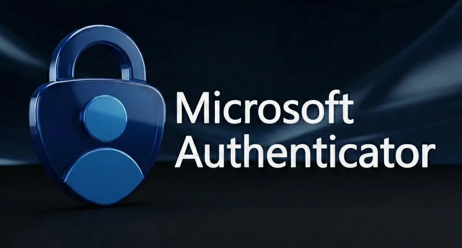 Logotipo azul do Microsoft Authenticator, um cadeado com silhueta de usuário, ao lado do nome do app em fundo escuro