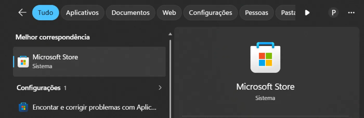 Busca do Windows com a Microsoft Store como melhor correspondência, primeiro passo para instalar o Power BI Desktop