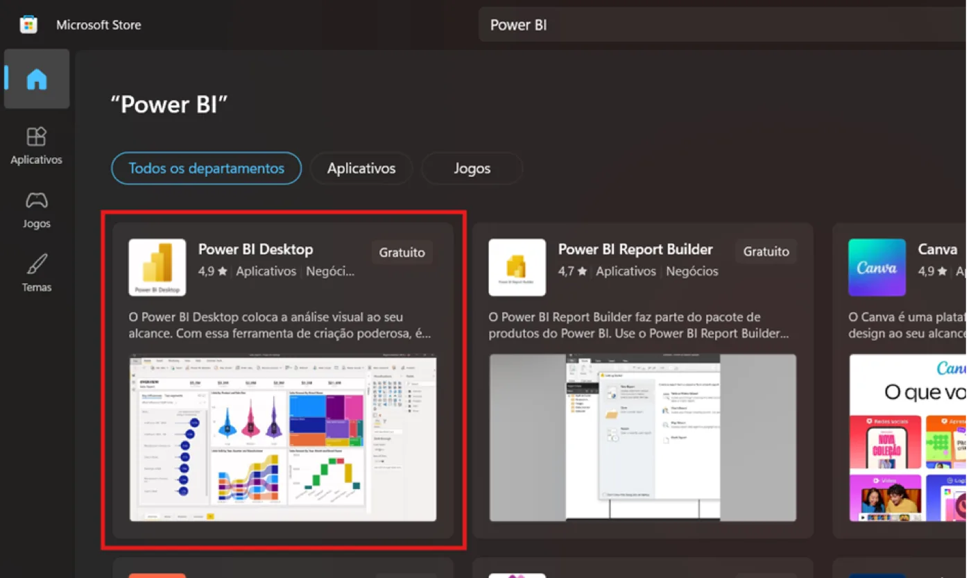 Resultado da busca por Power BI na Microsoft Store, com o app gratuito Power BI Desktop destacado em vermelho