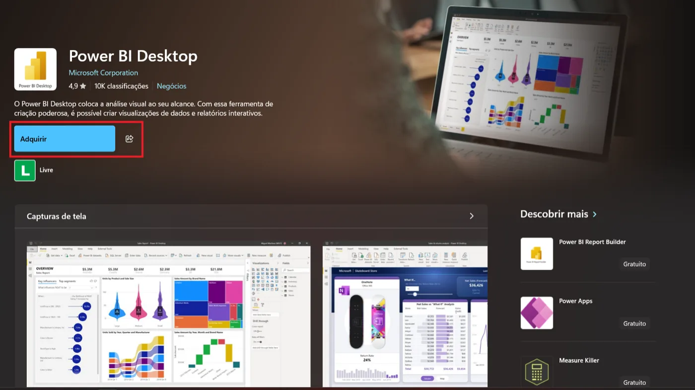 Página do Power BI Desktop na Microsoft Store com o botão Adquirir destacado para iniciar o download