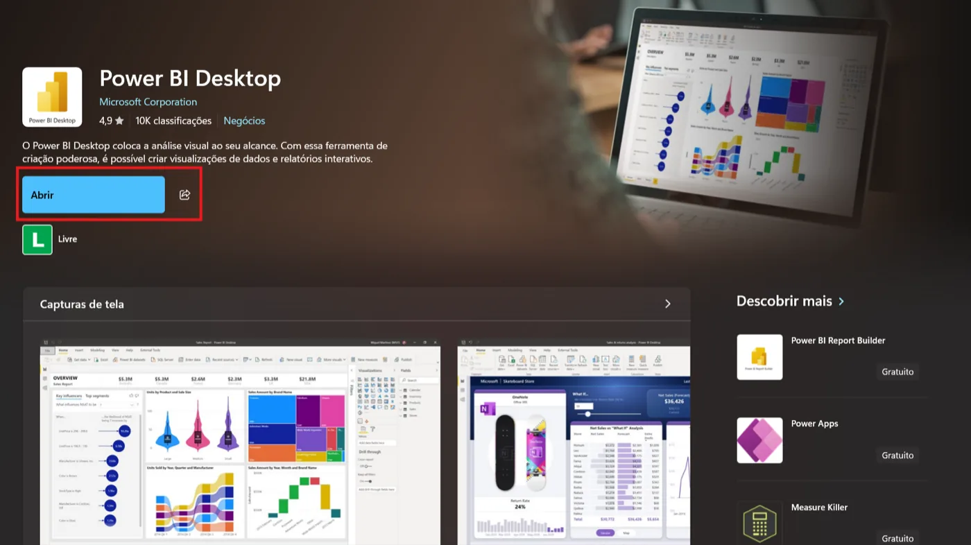 Página do Power BI Desktop na Microsoft Store após a instalação, com o botão Abrir no lugar de Adquirir