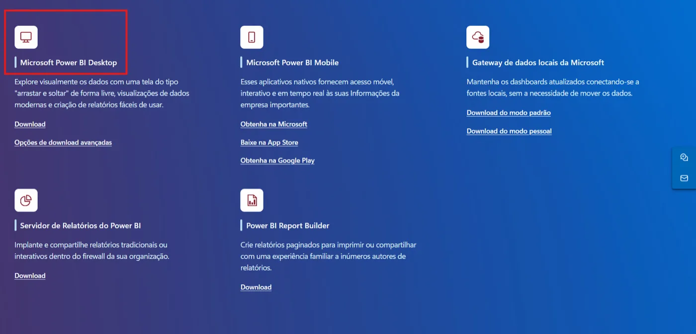 Seção Microsoft Power BI Desktop destacada na página de downloads, ao lado de Mobile, Gateway e Report Builder