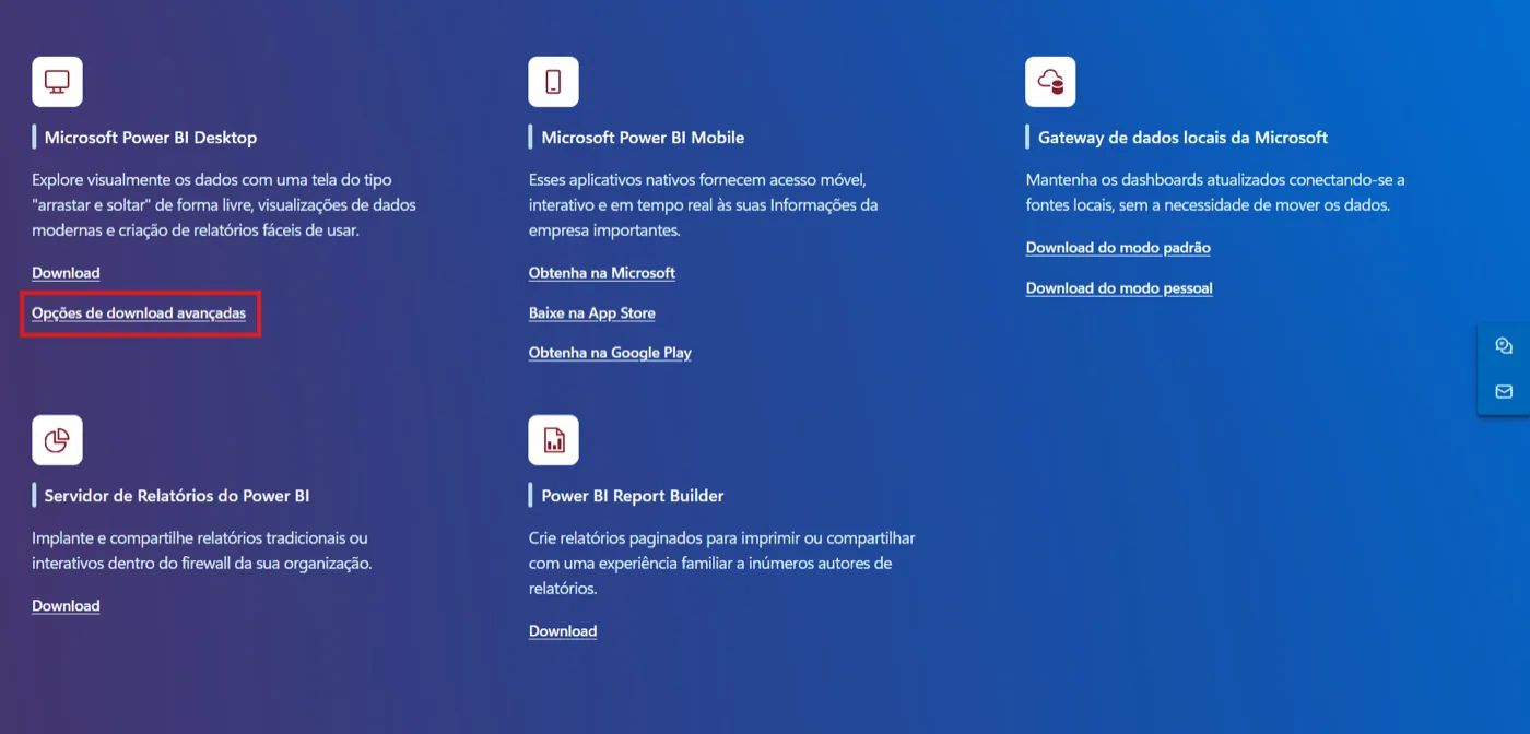 Link Opções de download avançadas destacado na seção Power BI Desktop da página de downloads da Microsoft