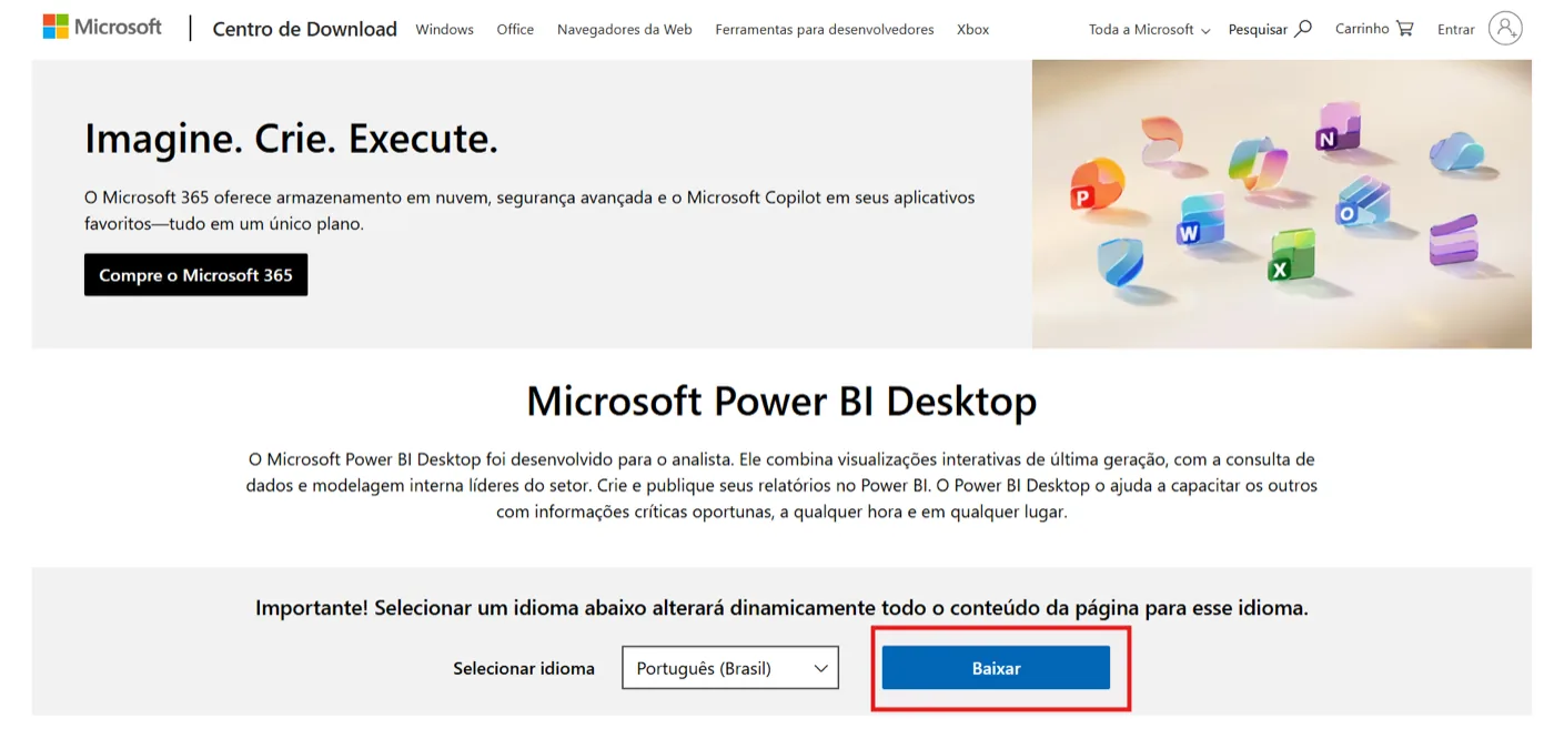 Centro de Download da Microsoft com o idioma Português (Brasil) selecionado e o botão Baixar destacado