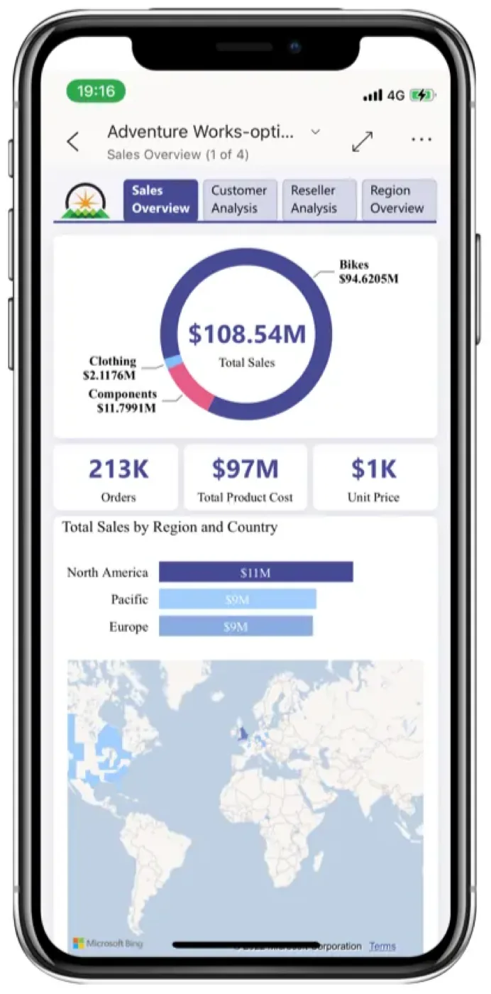 Relatório de vendas da Adventure Works aberto no app do Power BI para celular, com gráfico de rosca, KPIs e mapa