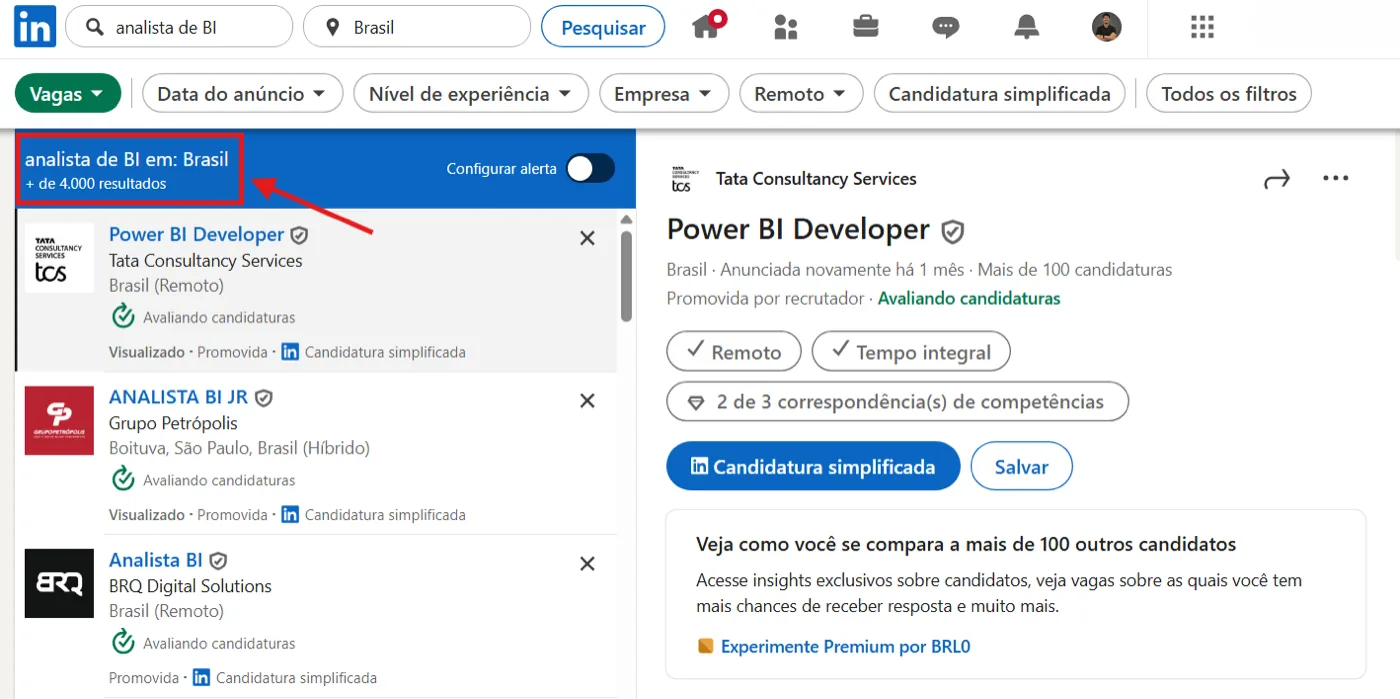 Busca por analista de BI no LinkedIn Vagas com mais de 4.000 resultados no Brasil destacados em vermelho
