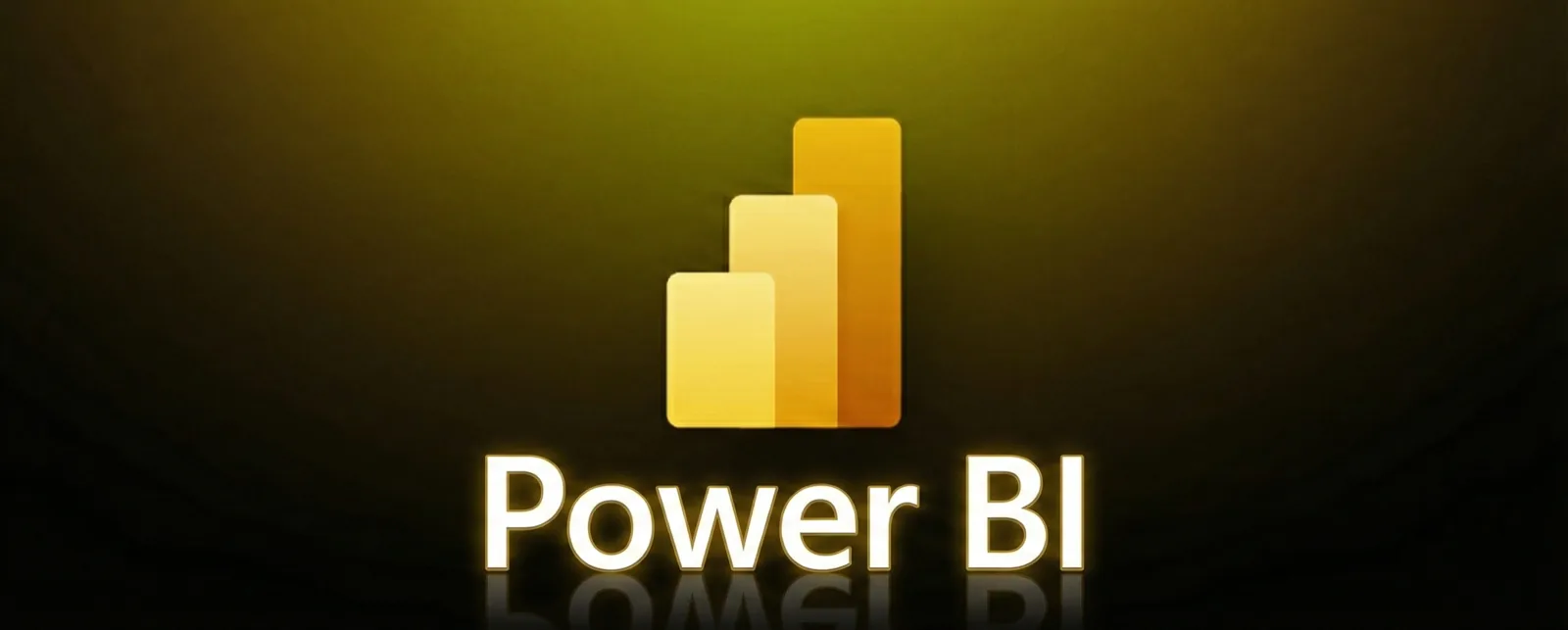 Logo do Power BI com o ícone de barras amarelas e o nome em branco sobre fundo escuro esverdeado