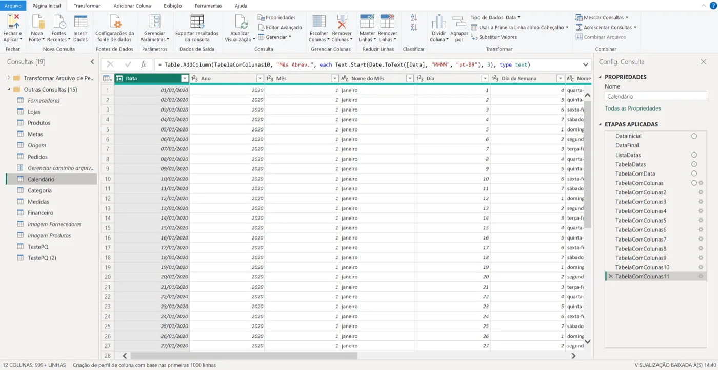 Editor do Power Query com a consulta Calendário, fórmula M na barra e lista de etapas aplicadas à direita