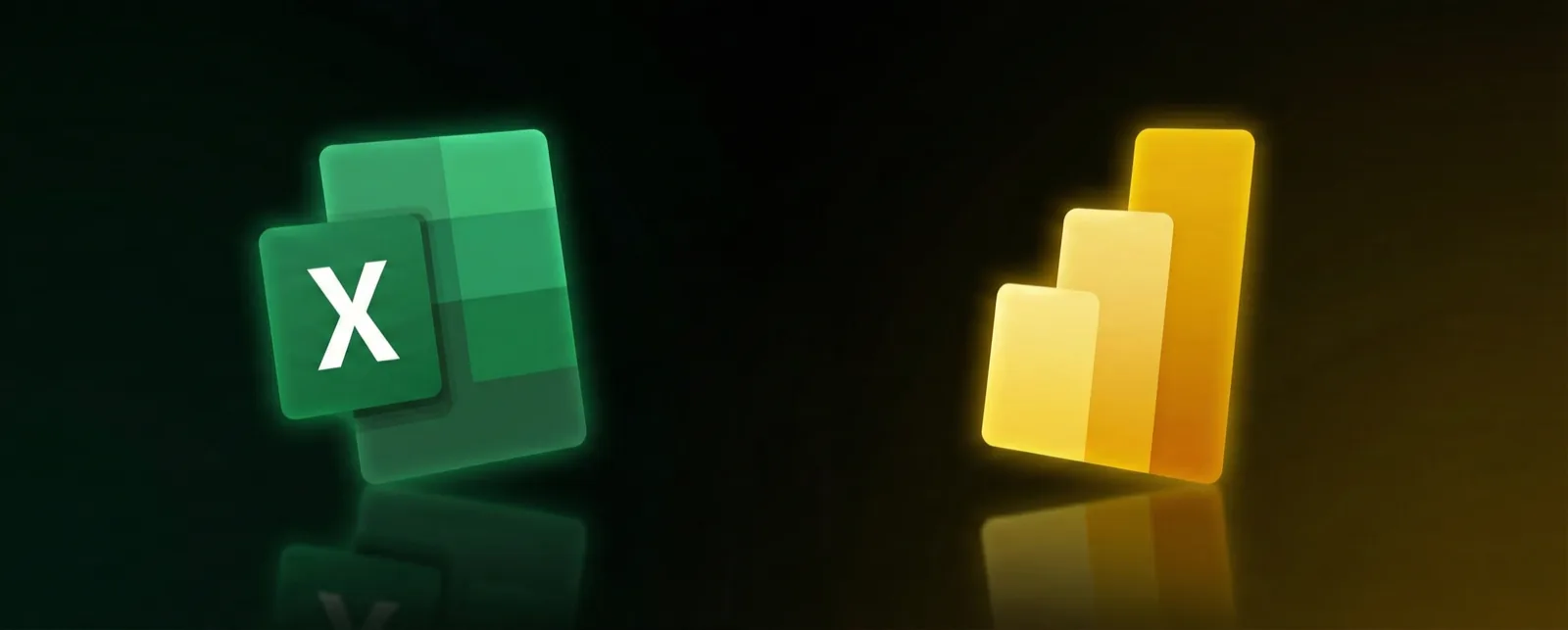Ícones do Excel e do Power BI lado a lado sobre fundo escuro com reflexo