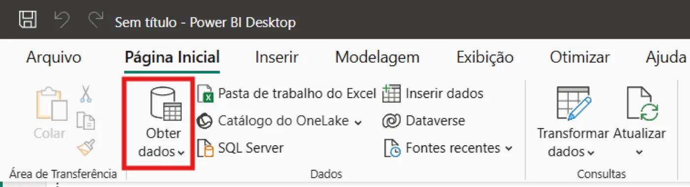 Faixa de opções do Power BI Desktop com o botão Obter dados destacado na guia Página Inicial