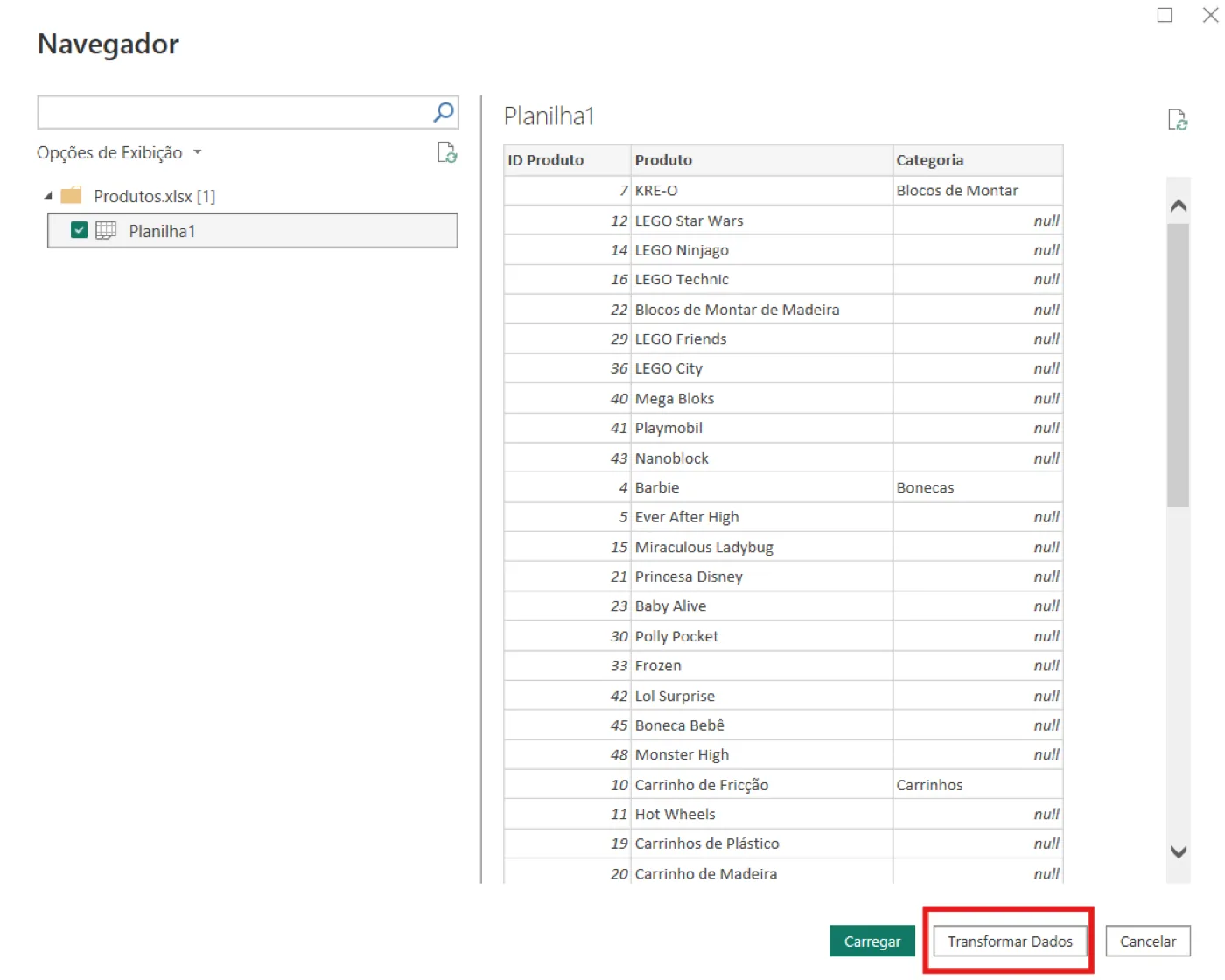 Janela Navegador do Power BI com a Planilha1 de Produtos.xlsx marcada e o botão Transformar Dados destacado