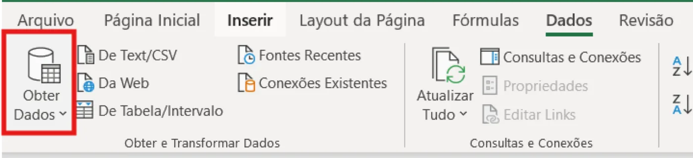 Guia Dados do Excel com o botão Obter Dados destacado no grupo Obter e Transformar Dados