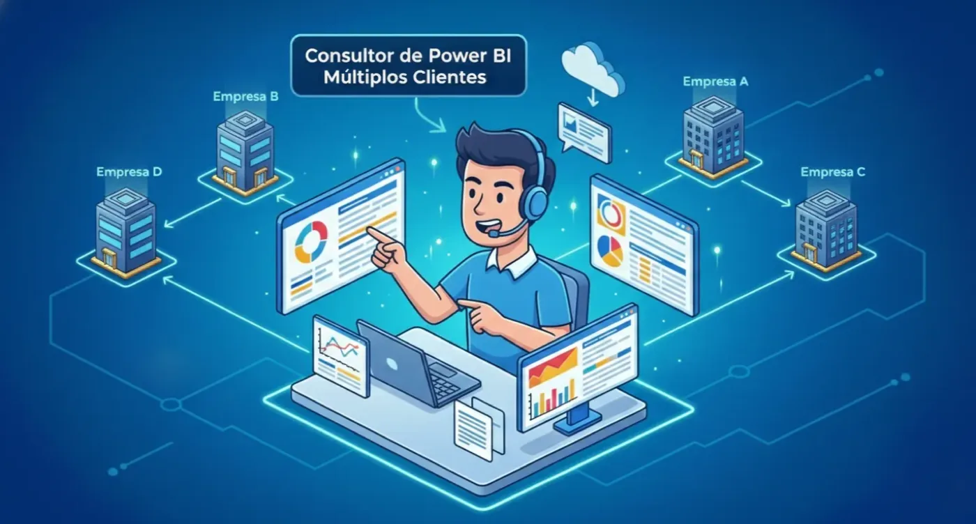 Consultor de Power BI com headset entre telas de dashboards, ligado às empresas A, B, C e D que atende