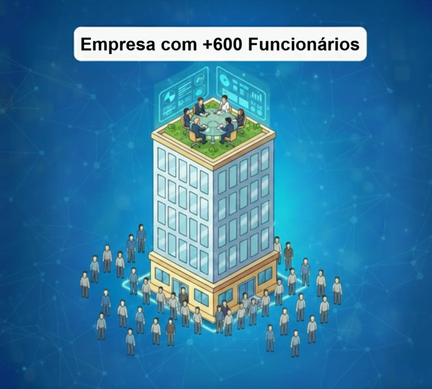 Prédio com analistas reunidos no terraço e multidão de funcionários em volta, cenário da empresa com 600 leitores