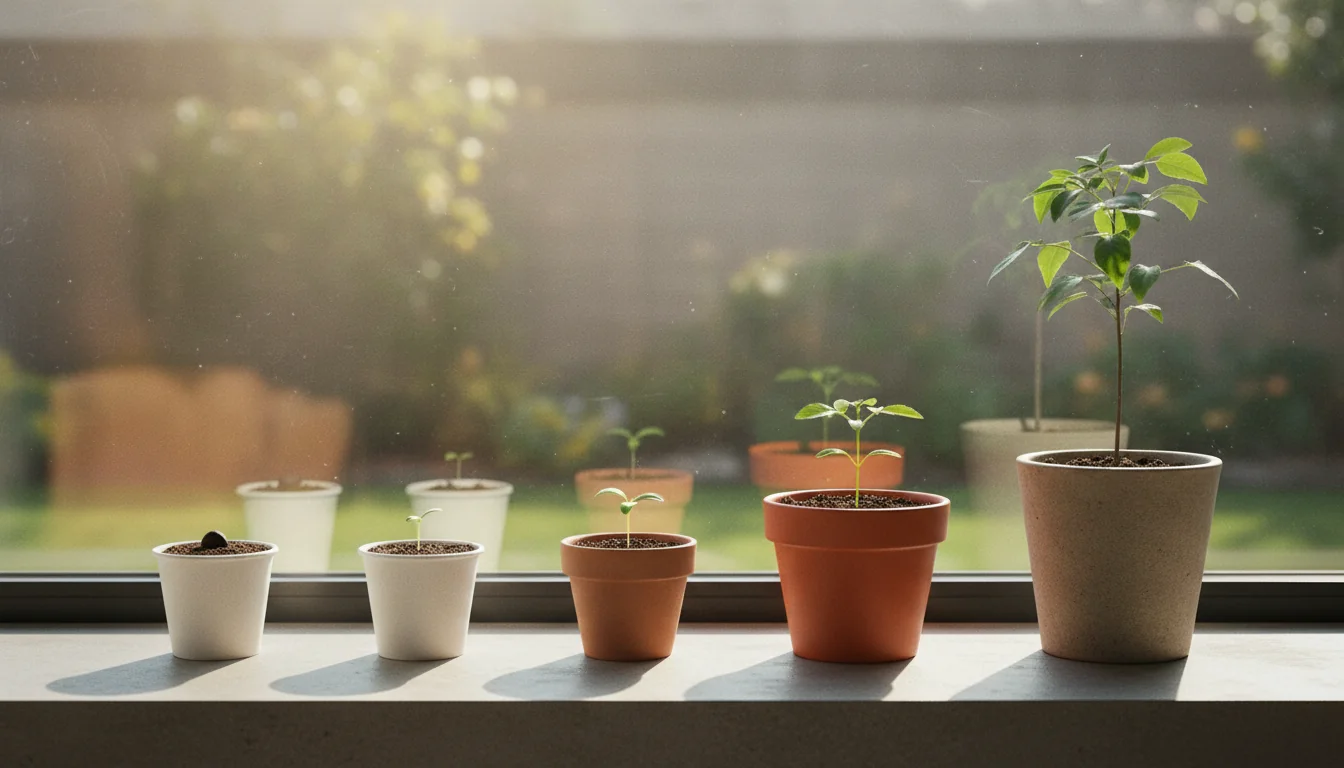 Cinco vasos numa janela mostrando uma planta em estágios, da semente à muda