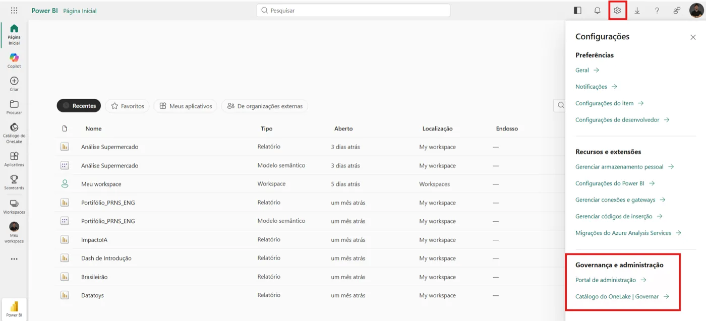 Menu Configurações do Power BI Service, aberto pela engrenagem, com o link Portal de administração destacado