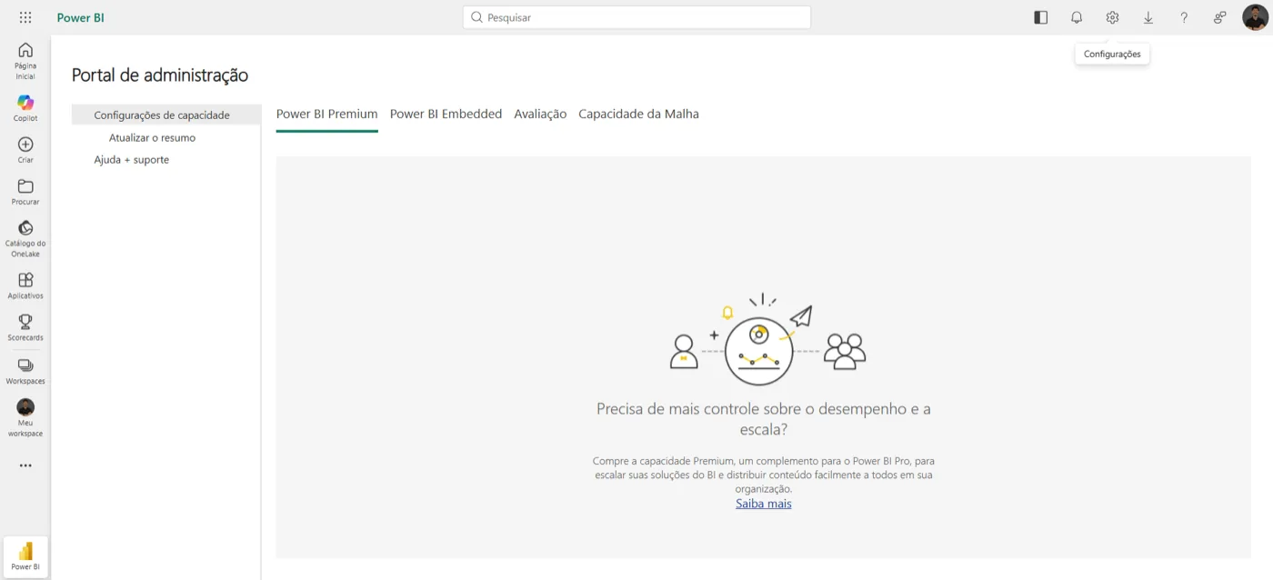 Portal de administração de um usuário sem permissão de admin: só aparecem Configurações de capacidade e Ajuda + suporte
