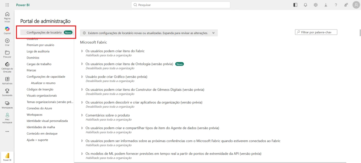 Portal de administração com Configurações de locatário destacado no menu lateral e a lista de opções do Microsoft Fabric