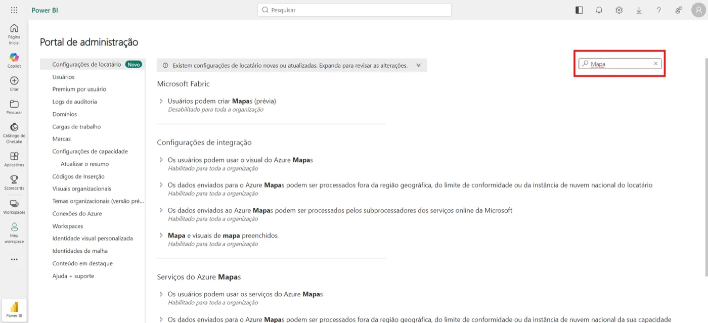 Busca por Mapa nas Configurações de locatário, filtrando as opções de Azure Mapas e Mapa e visuais de mapa preenchidos