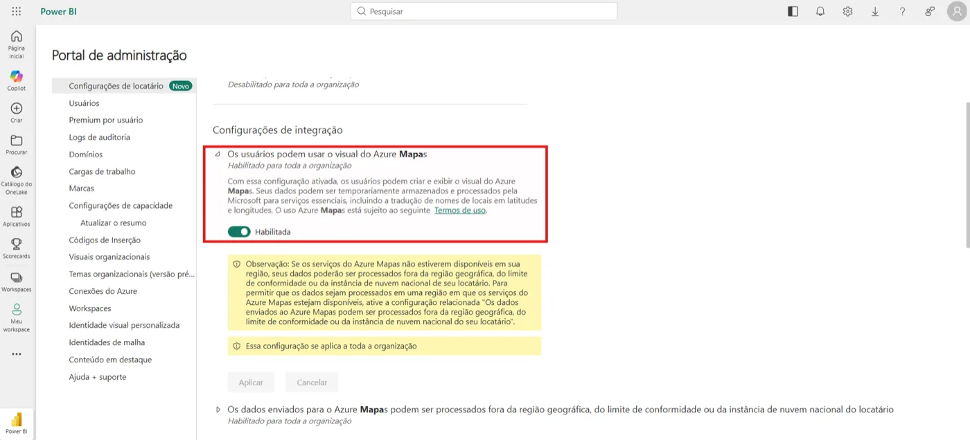 Opção Os usuários podem usar o visual do Azure Mapas expandida, com o botão Habilitada ligado para toda a organização