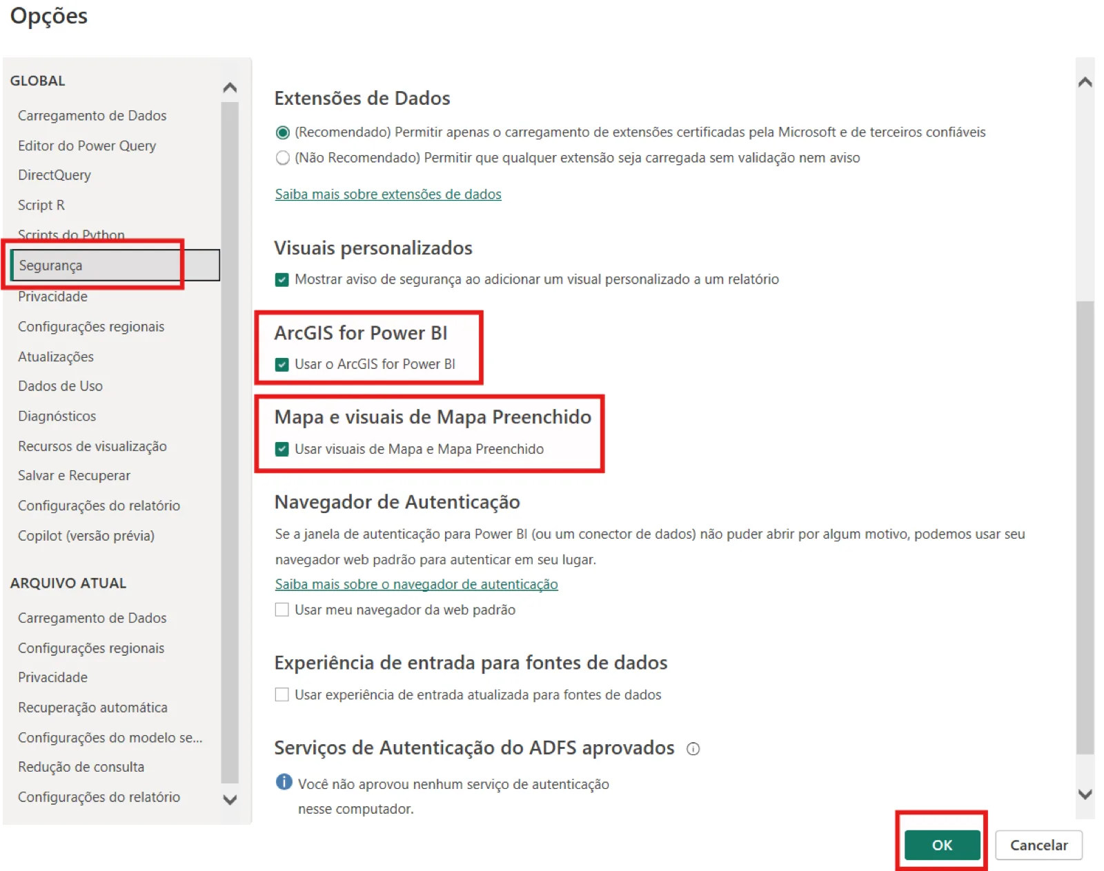 Janela Opções do Power BI Desktop, seção Segurança, com ArcGIS for Power BI e Mapa e visuais de Mapa Preenchido marcados