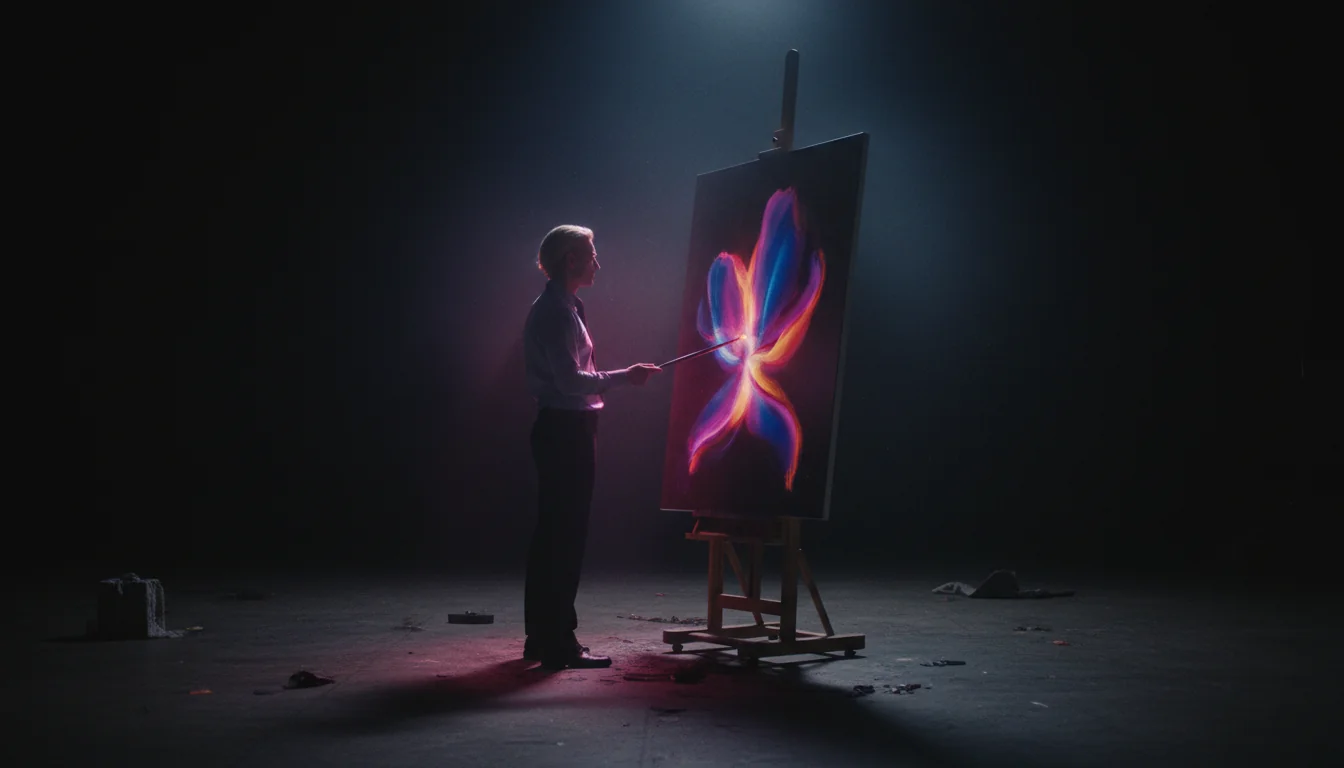 Pessoa pinta uma forma abstrata luminosa em cores de aurora numa tela escura